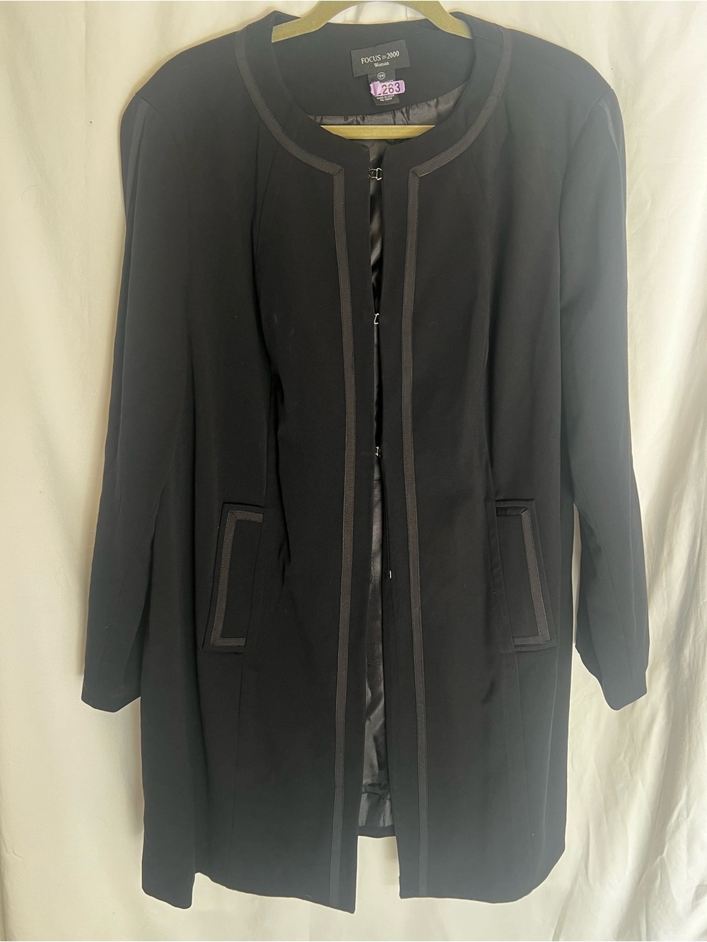 FOCUS 2000 Black Collarless Trench Coat with Trim